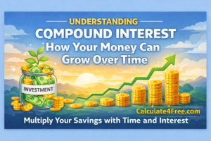 Illustration explaining compound interest growth with increasing coin stacks and investment jar showing how savings grow over time on Calculate4Free.com.