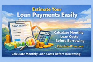Loan payment calculator illustration showing loan amount, interest rate, loan term, and monthly payment calculation tool on Calculate4Free.com.